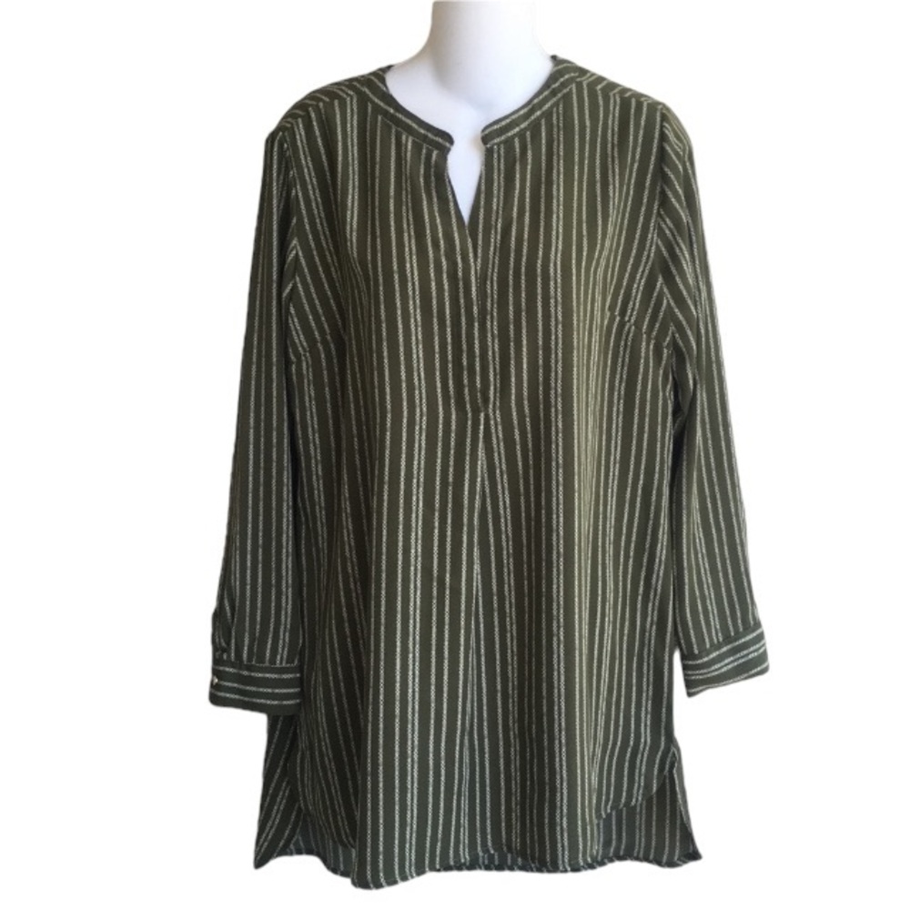 New Directions Tunic Top Olive Ivory Stripes High Low Hemline 3/4 Sleeves SP NWT